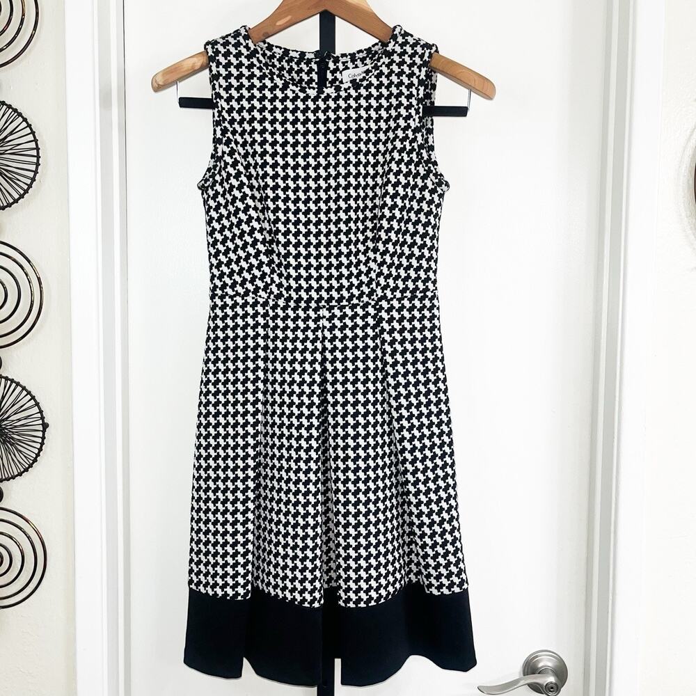 Calvin Klein Pleated A-Line Dress Preppy Y2K - Black White Houndstooth, Size 2P